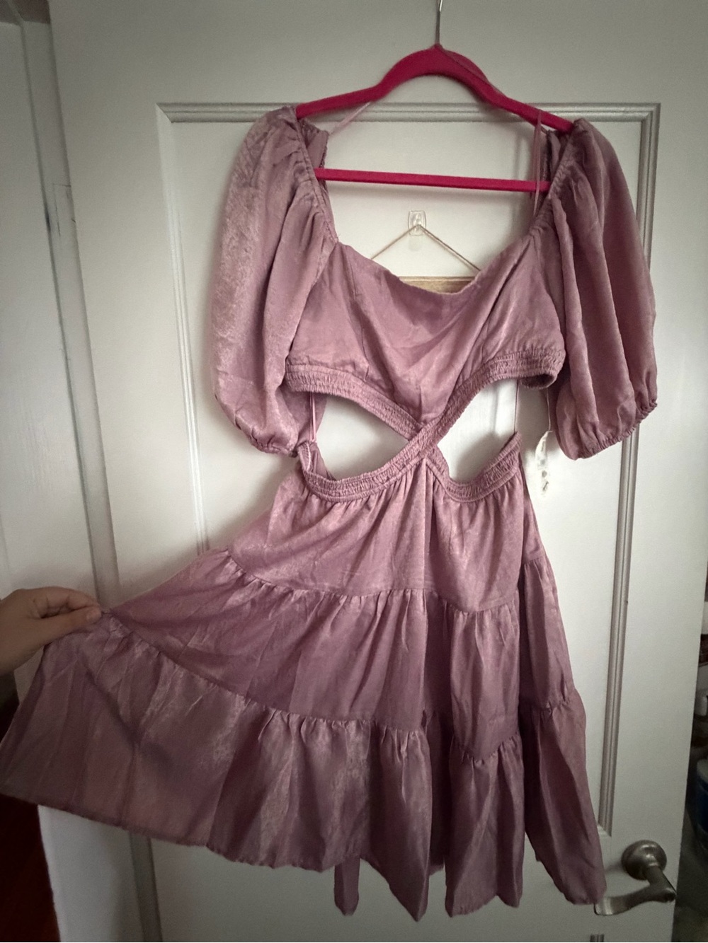 Altar'd State Dusty Mauve Puff Sleeve Cutout Tiered Mini Dress